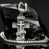 925 sterling silver Walk by Faith cross necklace with 3mm box chain. Silver cross necklace with 'Faith Walk By Faith' text on a reflective surface