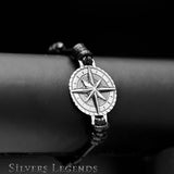 Bracelet with a compass pendant on a black background, branded 'Silvers Legends'. Adjustable compass leather bracelet for men with sterling silver compass plate