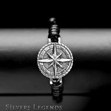 Silver compass pendant on a black leather cord with 'Silvers Legends' . Adjustable  bracelet for men black calf leather branding.