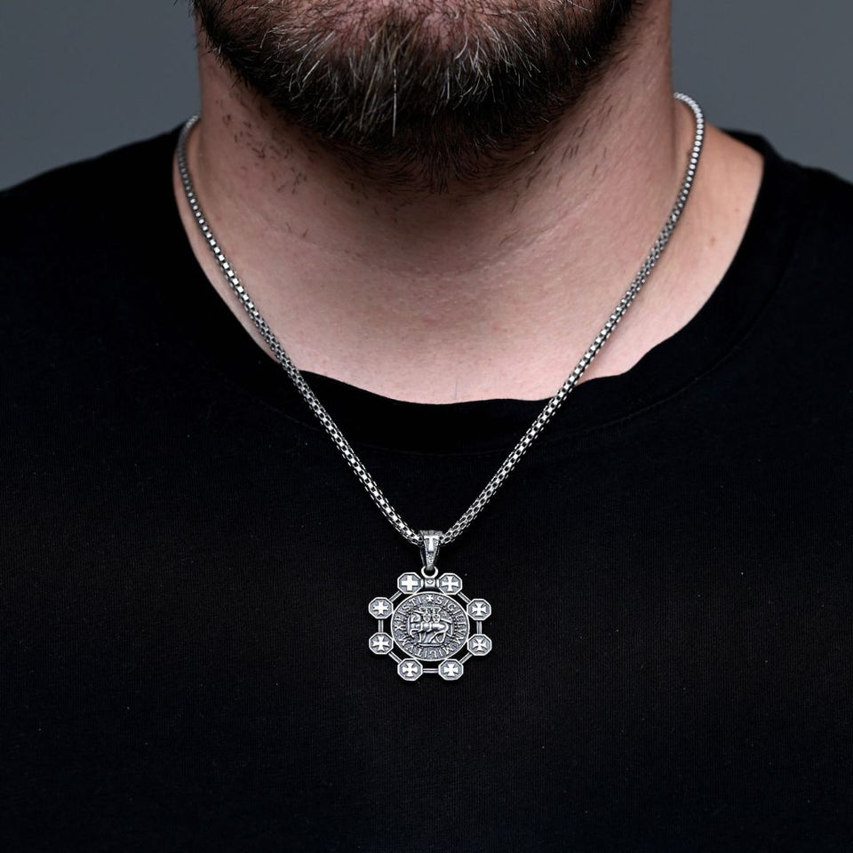 Solid sterling silver 925 Templar pendant featuring all Templar crosses and a detailed depiction of Knights Templar soldiers of Christ riding a horse wth box chain necklace, symbolizing medieval history and religious faith.