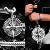 Silver compass pendant with close-up of a person wearing it on a black background, featuring 'Silvers Legends' branding.