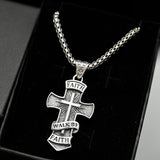 Walk by Faith Christian men’s jewelry, gift-ready faith necklace. Silver cross pendant necklace with 'Faith Walk by Faith' text on a black background