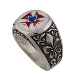 Sterling Silver 925 Masonic Knights Templar ring with red cross and blue stone, Templar cross ring is very fine Masonic Knights Templar catholic ring with red cross and blue stone, and it will suit with every men's style. Beutiful sterling silver 925 Freemason ring, ring represend the Templar seal. Religious Crusader vintage silver ring is perfect gift for him.  Christian jewelry is with original unique design with beautiful details.