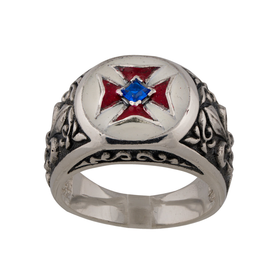Sterling Silver 925 Masonic Knights Templar ring with red cross and blue stone, Templar cross ring is very fine Masonic Knights Templar catholic ring with red cross and blue stone, and it will suit with every men's style. Beutiful sterling silver 925 Freemason ring, ring represend the Templar seal. Religious Crusader vintage silver ring is perfect gift for him.  Christian jewelry is with original unique design with beautiful details.