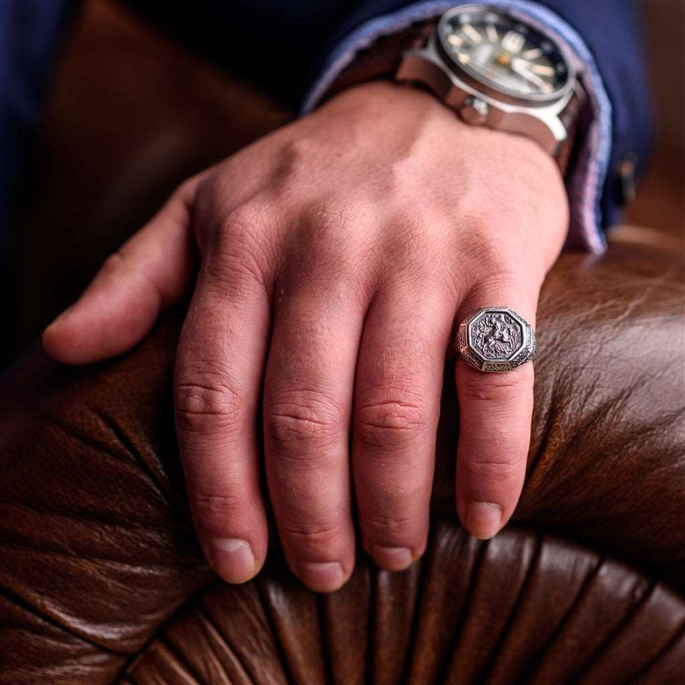 Sterling silver 925 men’s Ring “Saint George slaying the dragon” is handmade vintage religious jewelry with unique design, and amazing artwork. St. George ring is stamped 925 and it will suit with every men's style Check out other best handcrafted, sterling silver men's jewelry at silverslegends.com