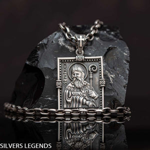 Saint Patrick “Apostle of Ireland” pendant, Shamrock mens medal symbolized St Patrick was a fifth-century Romano-British Christian missionary and bishop in Ireland. St Patrick tile medallion is Sterling silver 925 Irish orthogonal charm, symbol of faith. Known as the “Apostle of Ireland”, he is the primary patron saint of Ireland. Check out other best handcrafted sterling silver men's jewelry at silverslegends.com