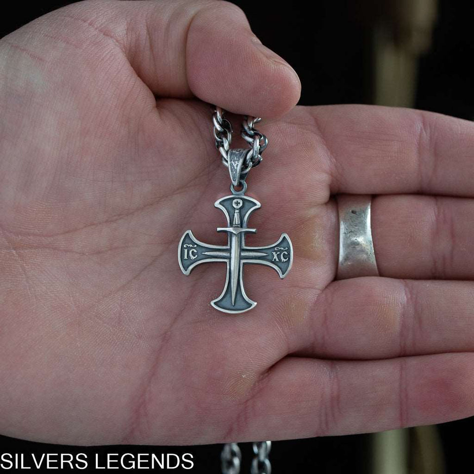 Sterling Silver Oxidized Men's Cross Pendant Knights Templar, Templar Sword silver, Crusader pendant silver, Templar sword pendant, gift for him