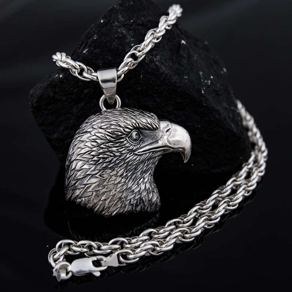 Sterling silver 925 unique american eagle head men’s pendant is handmade animal lewelry and you can have it with or without silver chain necklace. This silver eagle medallion is big and very heavy animal jewelry and it’s perfect gift for him, it will suit with every men's style. Check out other sterling silver men's jewelry at silverslegends.com