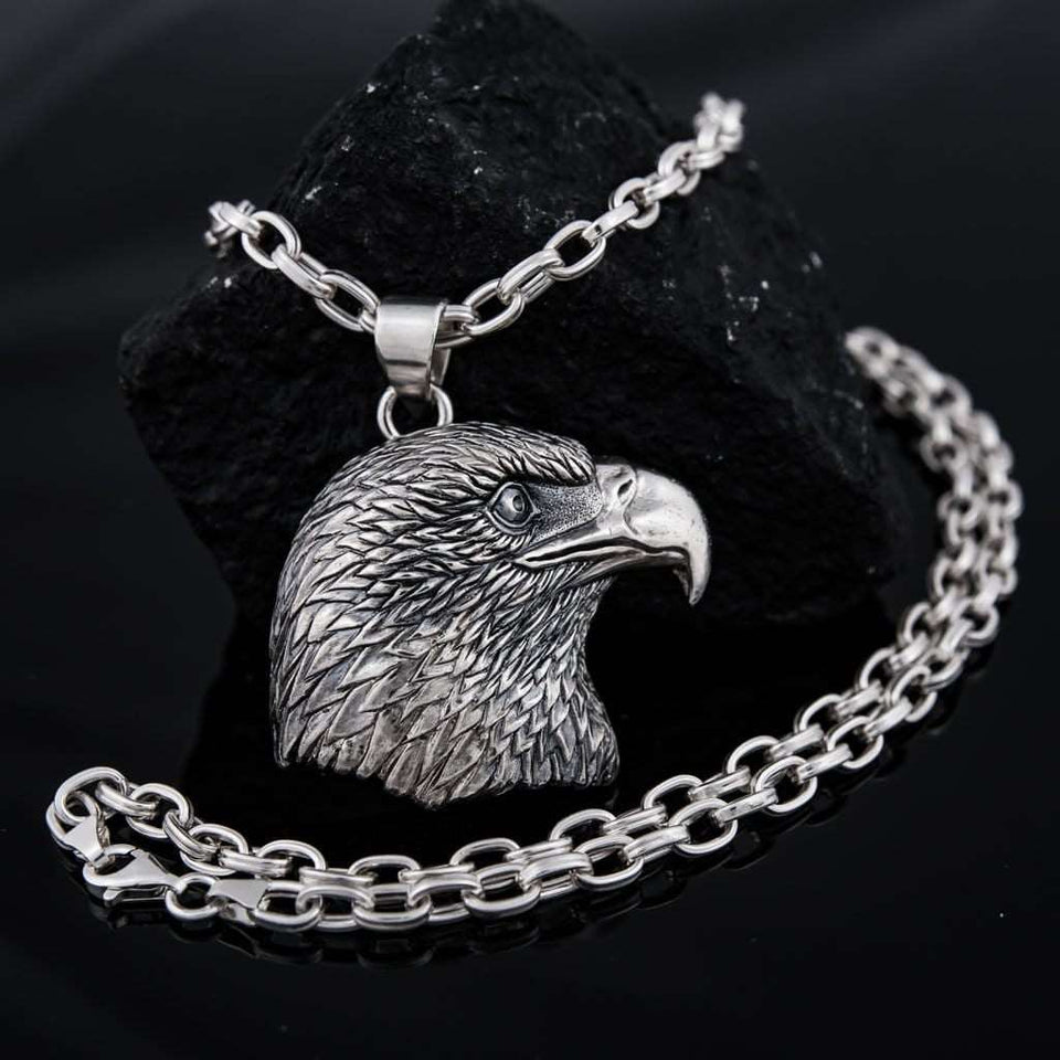 Sterling silver 925 unique american eagle head men’s pendant is handmade animal lewelry and you can have it with or without silver chain necklace. This silver eagle medallion is big and very heavy animal jewelry and it’s perfect gift for him, it will suit with every men's style. Check out other sterling silver men's jewelry at silverslegends.com