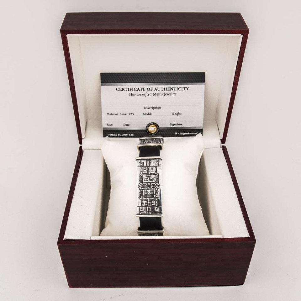 Silver and leather cuff bracelet with ornaments, Handmade sterling silver 925 cuff bracelet for men with black calf leather and ornaments is perfect gift for men. Cool men's silver and leather cuff bangle. Black calf leather minimalist wristlet with silver is a perfect gift for him.