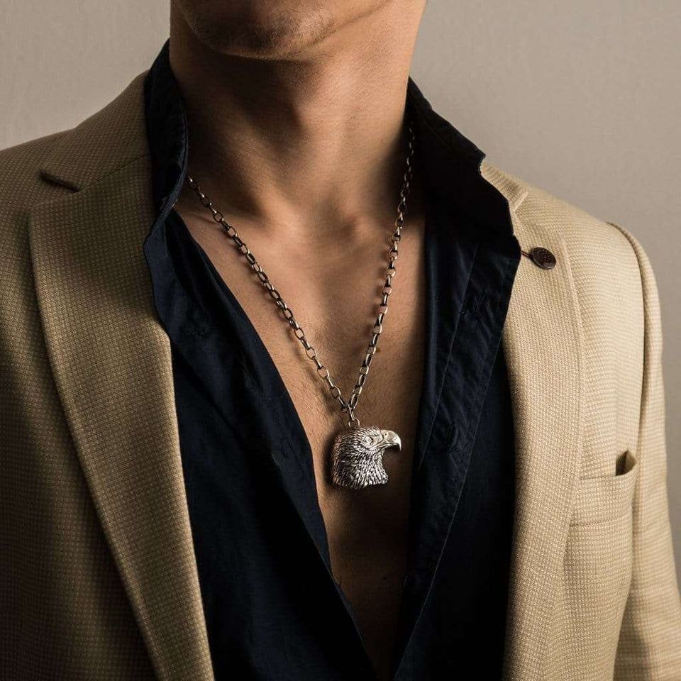 Sterling silver 925 unique american eagle head men’s pendant is handmade animal lewelry and you can have it with or without silver chain necklace. This silver eagle medallion is big and very heavy animal jewelry and it’s perfect gift for him, it will suit with every men's style. Check out other sterling silver men's jewelry at silverslegends.com