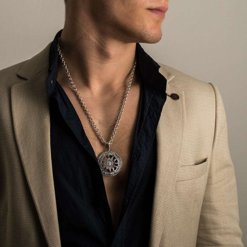 Sterling silver 925 handmade big sun pendant for men with zodiac signs is astrology jewelry, symbol of vigor. Big circle sun men’s medallion with all zodiac signs is a simbol of the circle of life, sun talisman is a perfect gift for him. Check out other handcrafted sterling silver men's jewelry at silverslegends.com