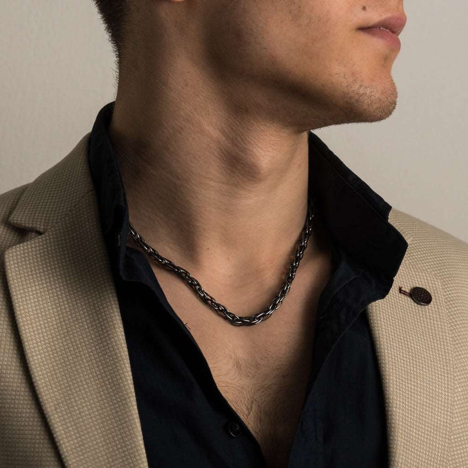 Chain rope silver dark, Rope chain silver oxidized, Ball chain silver, Sterling silver 925 polished rope chain for men, silver ball necklace for men, rope heavy chain necklace for men, oxidized ball chain silver. Handmade Cool silver jewel, heavy chain necklace for men will suit with every men's style. Men with dark rope chain silver. Perfect as a statement piece to wear alone or with a pendant. Rope chain dark, check out at silverslegends.com...