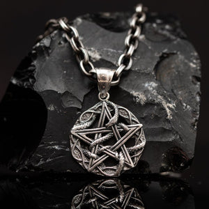 Snake pendant with pentagram silver, Sterling silver 925 men’s pendant "Pentagram with intertwined snake" is handmade snake medallion and amulet of protection and you can have it with or without silver chain necklace. Silver punk locket for men is an awesome gift for him, and it suit with every men’s style. Check out at silverslegends.com