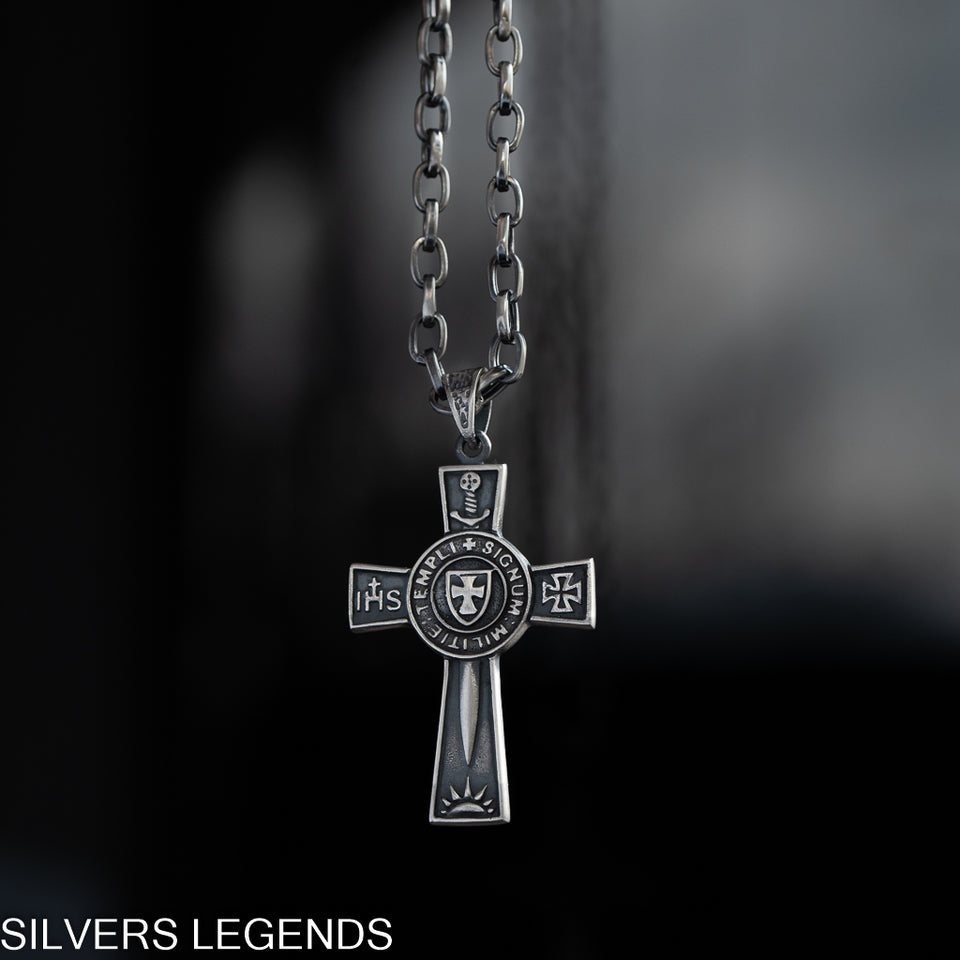 Silver oxidized cross pendant "Knights Templar Signum Militie" handmade, Unique Knights Templar Cross Pendant, Templar pendant with sword, Crusader pendant, Masonic pendant, Templar seal