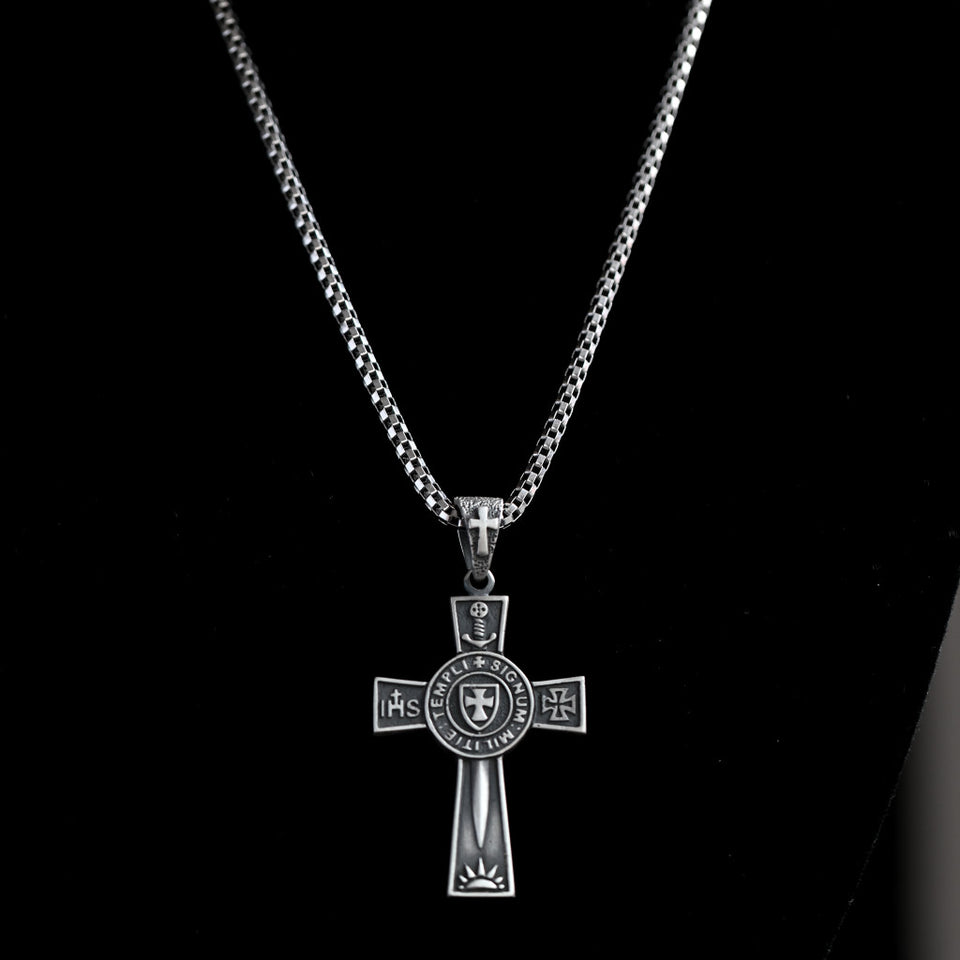 terling Silver 925 men’s cross pendant necklace "Knights Templar Signum Militie" with Templar cross, sun and Crusader sword, Templar pendant with chain, perfect Handmade gift for him