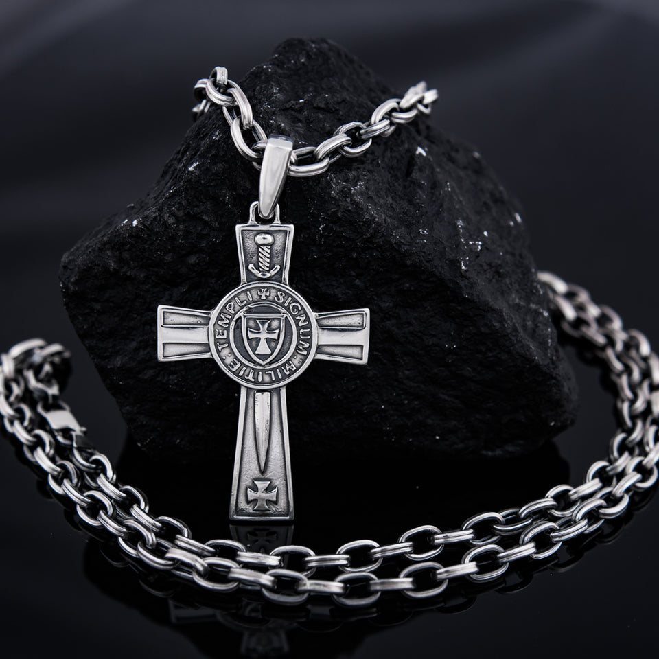 Knights Templar cross pendant for men is sterling silver 925 men’s cross "Knights Templar Signum Militie". Templar pendant is handmade with unique design and amazing artwork. Masonic sterling silver pendant is also catholic jewel and is a symbol of Poor Knights of Christ is a secular order of the Roman Catholic Church. Check out other best handcrafted sterling silver men's jewelry at silverslegends.com