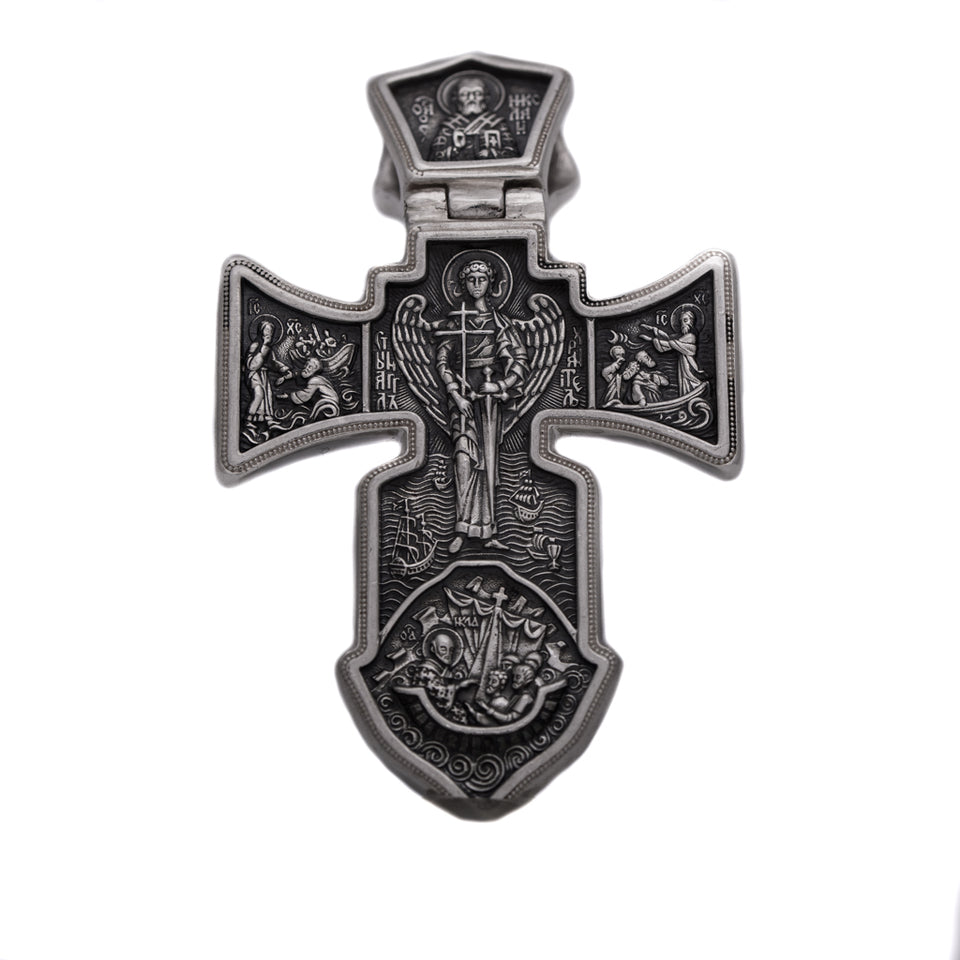 Silver Men’s Cross "Crucifixion and Guardian Angel-Michael the Archangel" is handmade, double sided cross pendant for men, from one side is Lord Jesus Christ- Crucifixion, from the other is Arhangel Michael - Guardian Angel. The lewel is with shape of sword and it’s men's solid silver pendant, you can have it with silver chain necklace. This Christian silver jewel is with beautiful details and amazing artwork. Check out other best handcrafted sterling silver men's jewelry at silverslegends.com