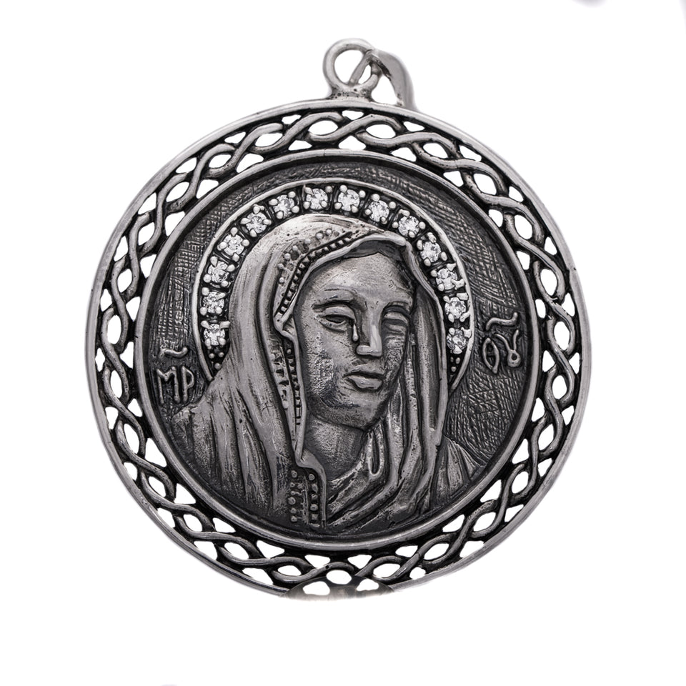 "Saint Mary Mother of Jesus"  is sterling silver 925 handmade pendant necklace for men. Ave Maria Charm is with original unique design. Mother of Jesus pendant silver is perfect gift for him. Saint Mary pendant is rare piece of jewel with top quality. Silver Holy Maria pendant will suit with every men’s style. Madonna charm pendant symbolize Blessed Virgin Maria the Mother of God.