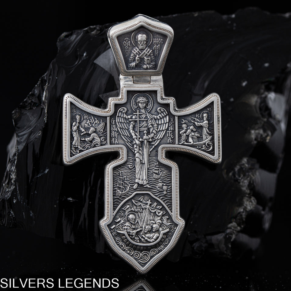 Archangel Michael pendant silver, Silver Men’s Cross "Crucifixion and Guardian Angel-Michael the Archangel" is handmade, double sided cross pendant for men, from one side is Lord Jesus Christ- Crucifixion, from the other is Arhangel Michael - Guardian Angel. The lewel is with shape of sword and it’s men's solid silver pendant, you can have it with silver chain necklace. This Christian silver jewel is with beautiful details and amazing artwork. Check out at silverslegends.com