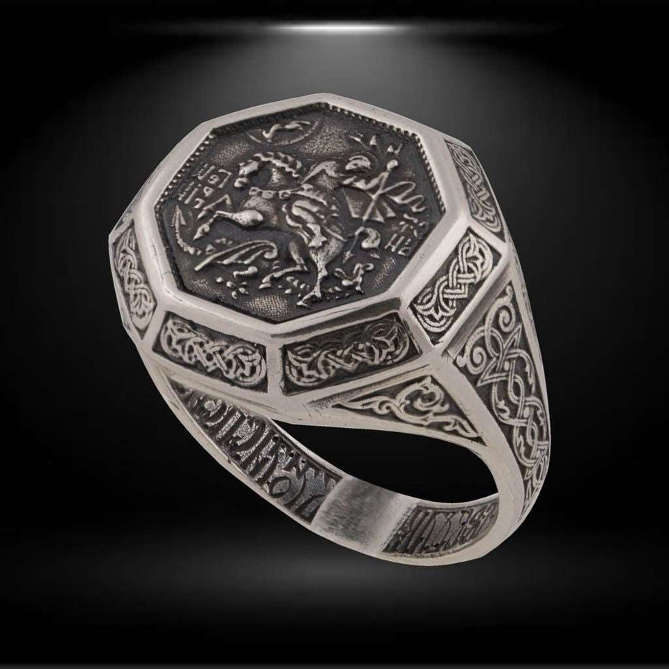 Saint George ring silver, Saint George slaying the dragon religious ring for men sterling silver 925 ,Sterling silver 925 men’s Ring “Saint George slaying the dragon” is handmade vintage religious jewelry with unique design, and amazing artwork. St. George ring is stamped 925 and it will suit with every men's style Check out other best handcrafted, sterling silver men's jewelry at silverslegends.com