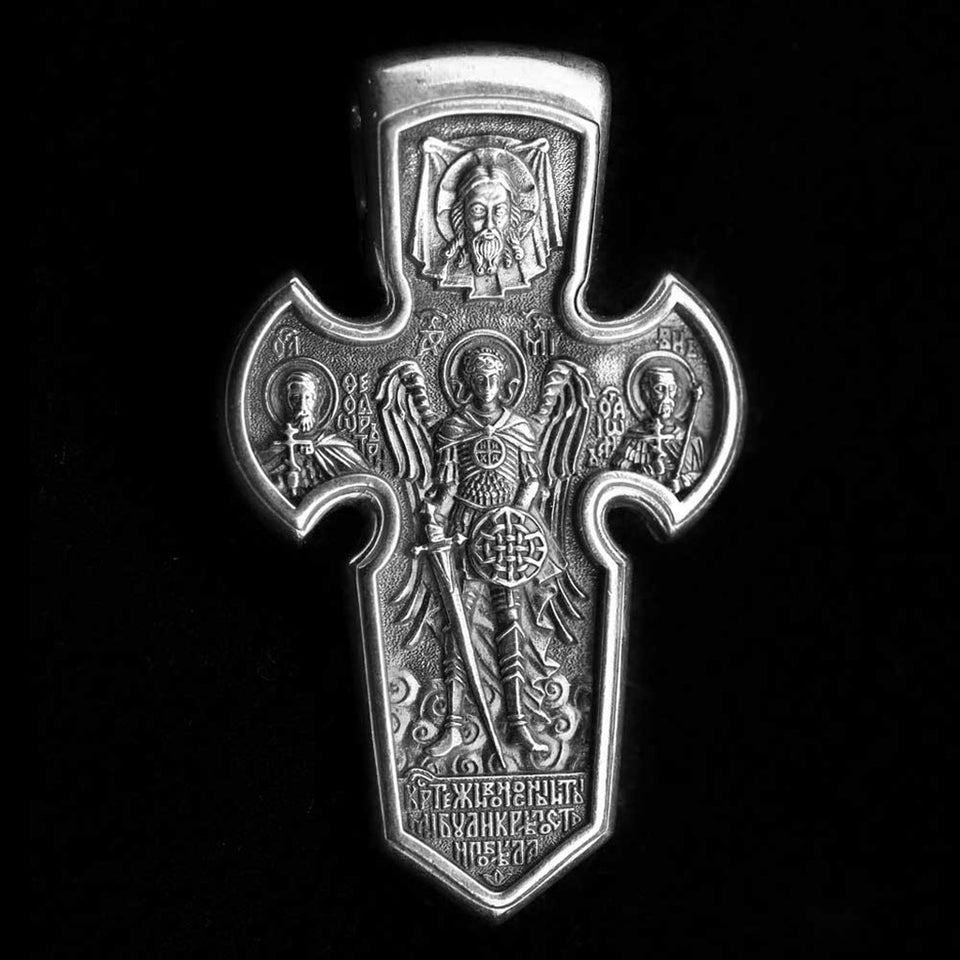 Sterling silver 925 Archangel Michael men’s pendant with or without silver chain necklace, Religious Locket Archangel Guardian is perfect gift for him. Silver Men’s Cross "Archangel Michael and Crucifixion" is handmade religious archangel jewelry and it’s double-sided, with original unique design and amazing art work. This Vintage Pendant is with technique-filled miniature relief. Check ot other men's jewelry at silverslegends.com