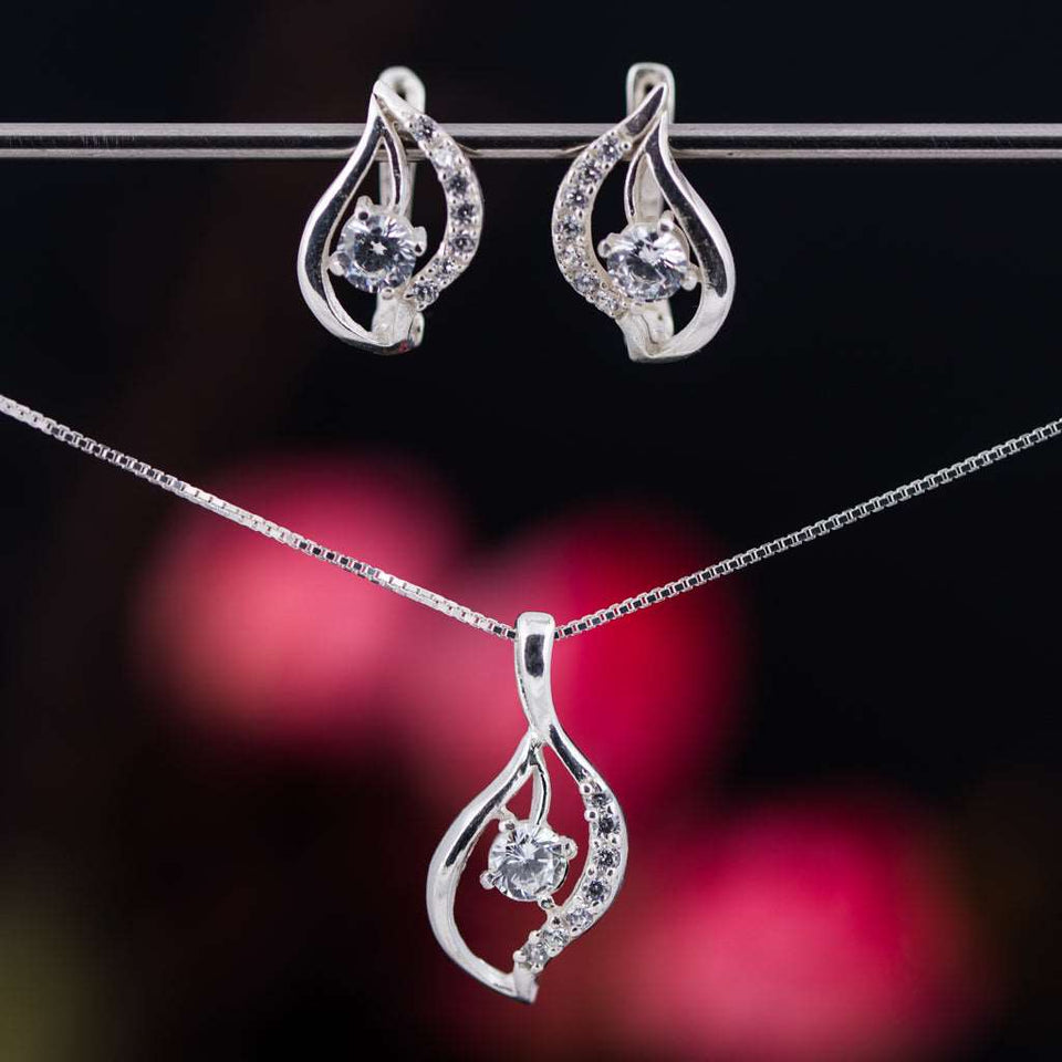Charm sterling silver 925 jewelry set of dainty pendant necklace and fine earrings - Charm silver jewelry female set, made with shining zircon, perfect choice as a fancy gift to your girlfriend, wife, mom, or female friends at Easter, anniversary, engagement, party, meeting, dating, wedding or usual wear. Hypoallergenic sterling silver necklace set, allergy-free. Check out other elegant jewelry for women at silverslegends.com...
