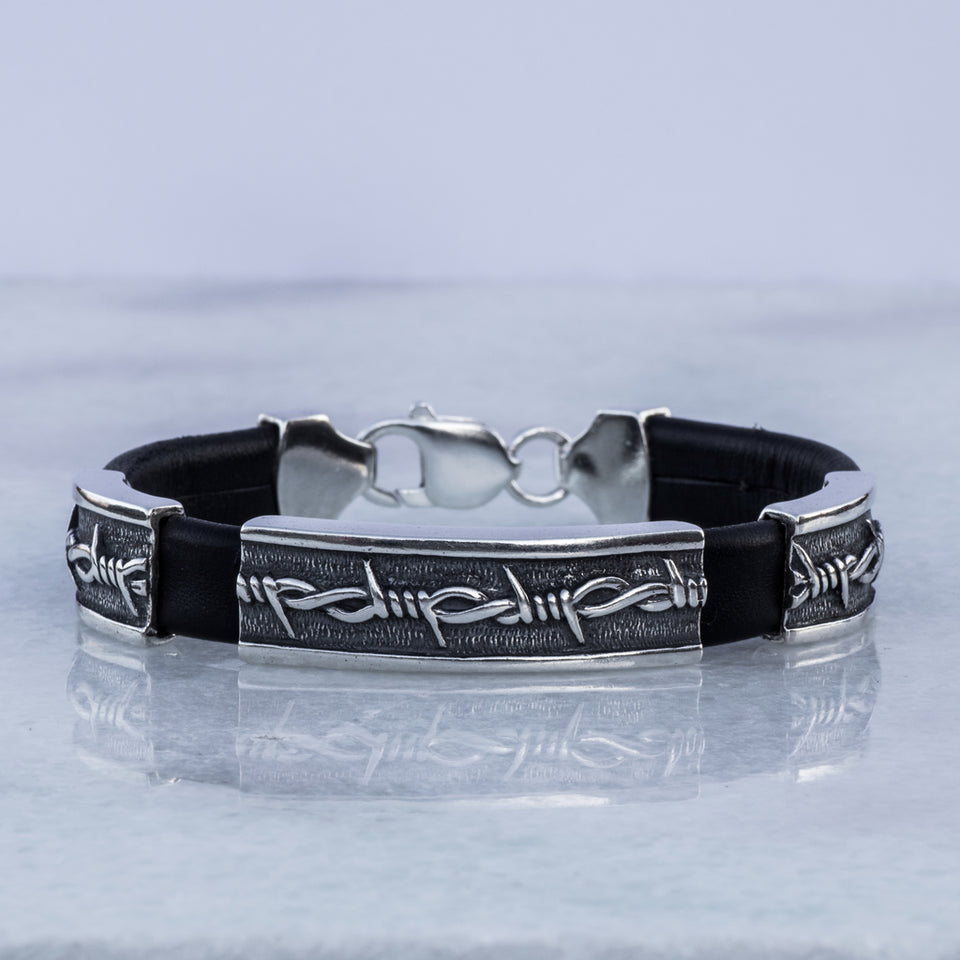 Silver Leather Bracelet Barbed Wire Handmade