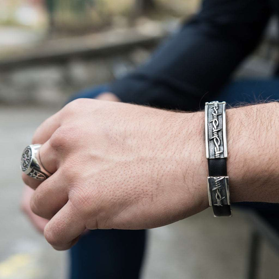 Silver Leather Bracelet Barbed Wire Handmade