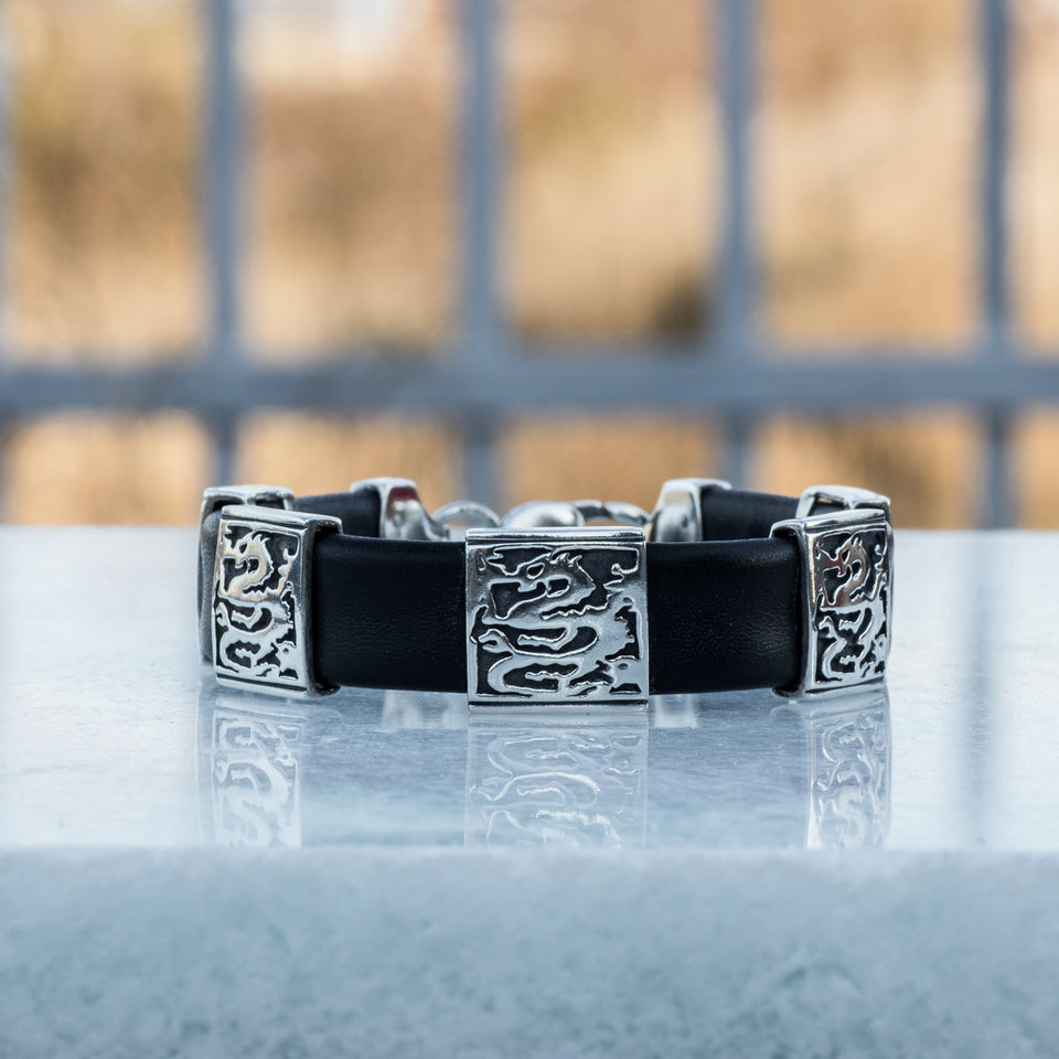 Sterling Silver 925 cuff bracelet Dragon with black calf leather, Handmade Minimalist leather jewelry with dragons, Silver And Leather Minimalist Cuff Bracelet for men "Dragon", leather jewelry with unique design, cleaned details and amazing artwork, top quality,  ckeck out other best handcrafted Sterling silver Men's Jewelry at silverslegends.com