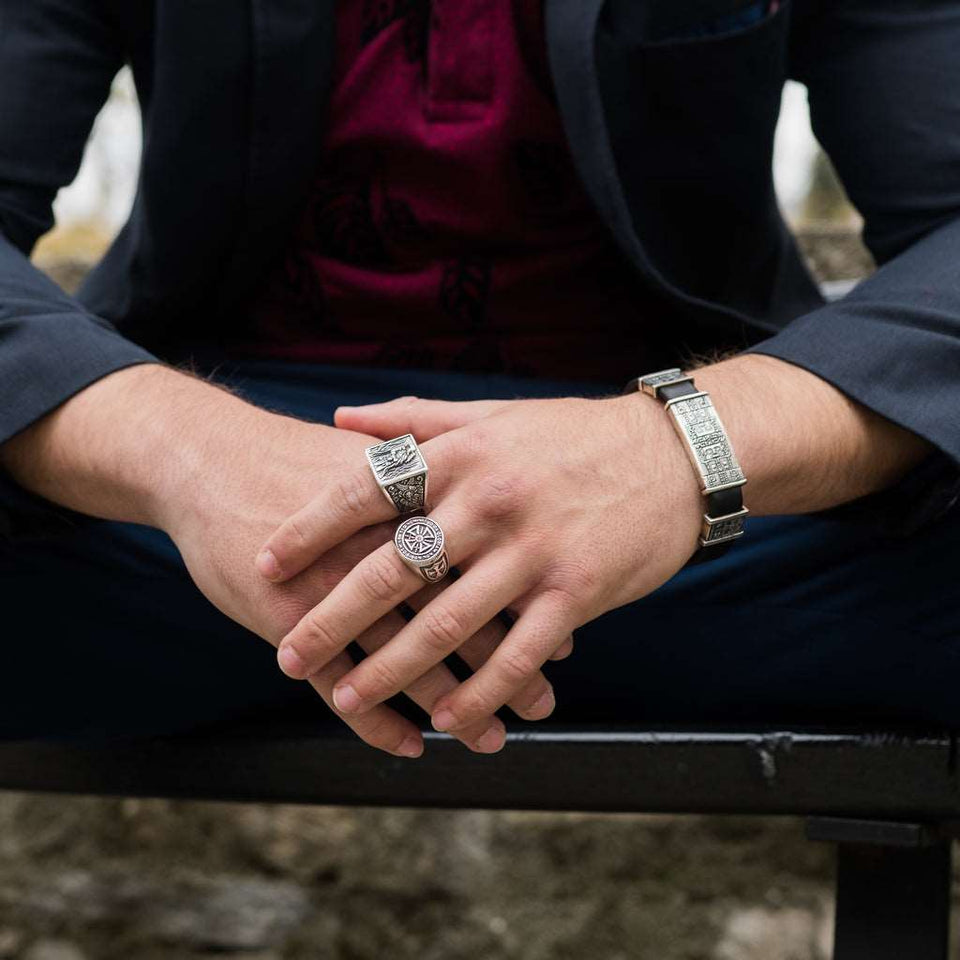Silver and leather cuff bracelet with ornaments, Handmade sterling silver 925 cuff bracelet for men with black calf leather and ornaments is perfect gift for men. Cool men's silver and leather cuff bangle. Black calf leather minimalist wristlet with silver is a perfect gift for him.