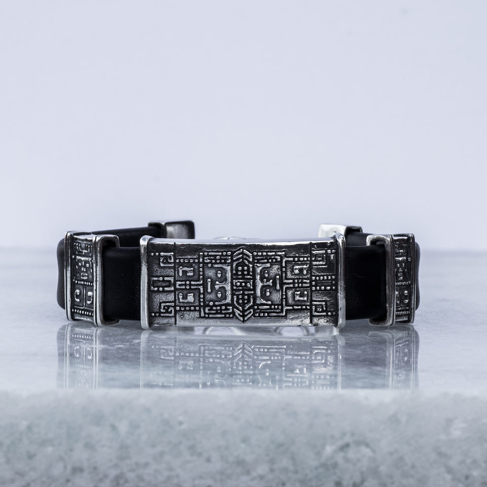 Silver and leather cuff bracelet with ornaments, Handmade sterling silver 925 cuff bracelet for men with black calf leather and ornaments is perfect gift for men. Cool men's silver and leather cuff bangle. Black calf leather minimalist wristlet with silver is a perfect gift for him.