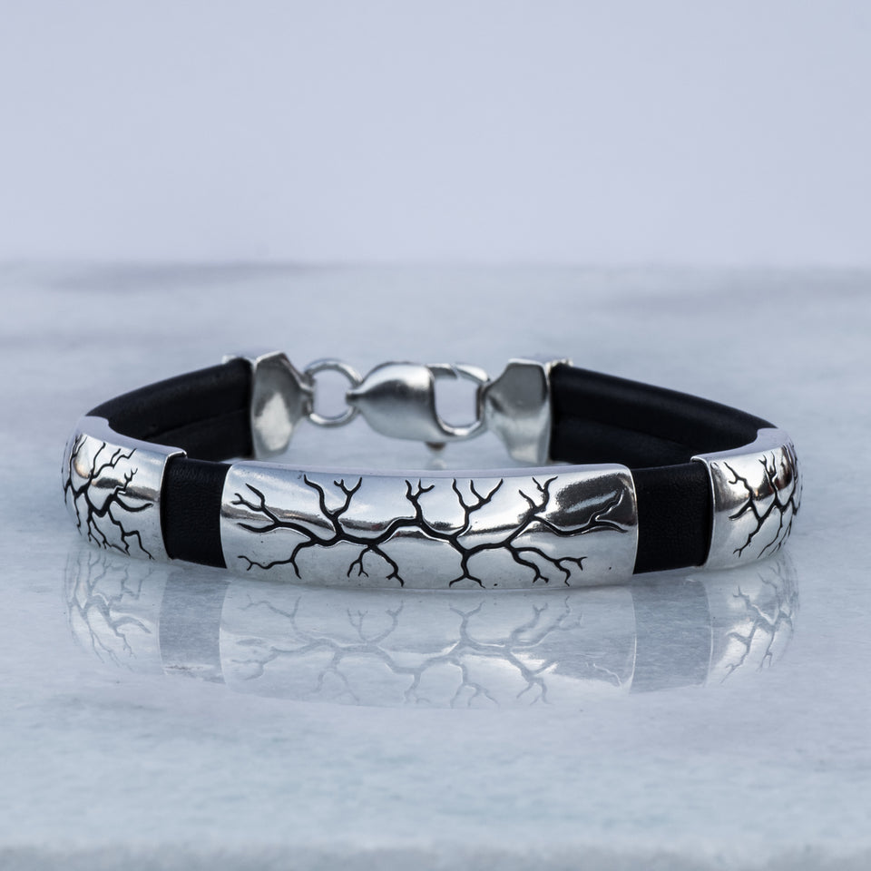 Silver Leather Bracelet Flash  Handmade