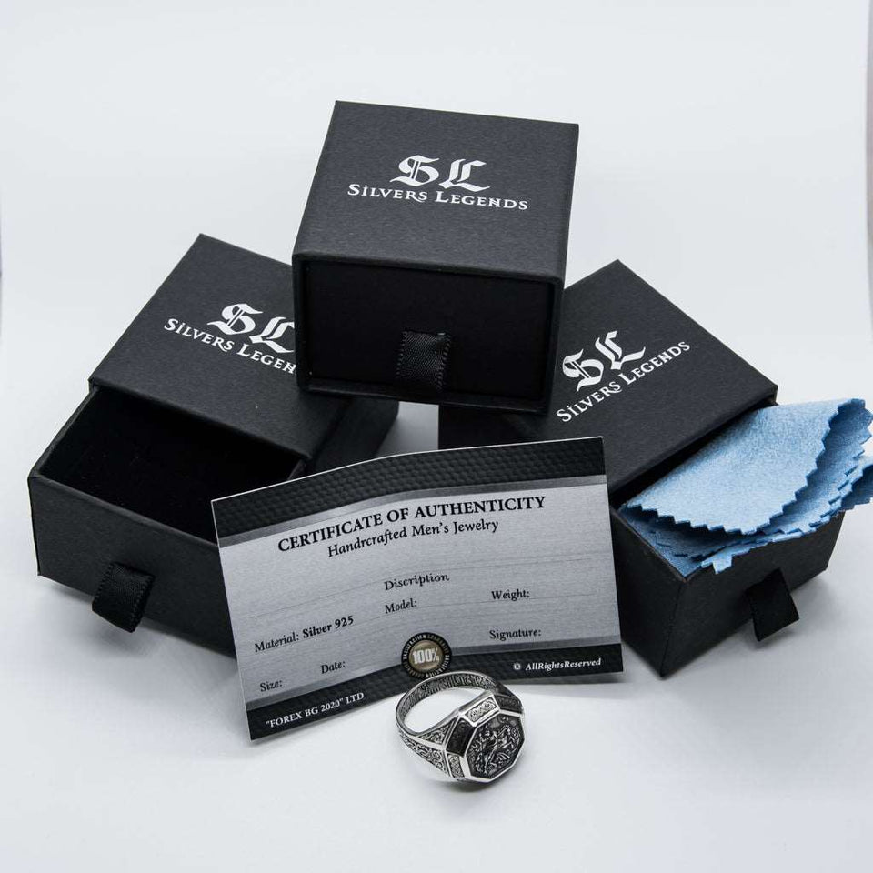 Sterling silver 925 men’s Ring “Saint George slaying the dragon” is handmade vintage religious jewelry with unique design, and amazing artwork. St. George ring is stamped 925 and it will suit with every men's style Check out other best handcrafted, sterling silver men's jewelry at silverslegends.com