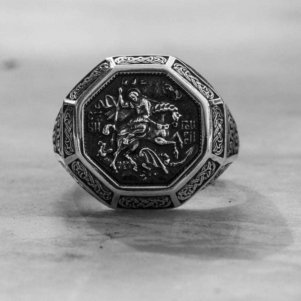 Sterling silver 925 men’s Ring “Saint George slaying the dragon” is handmade vintage religious jewelry with unique design, and amazing artwork. St. George ring is stamped 925 and it will suit with every men's style Check out other best handcrafted, sterling silver men's jewelry at silverslegends.com