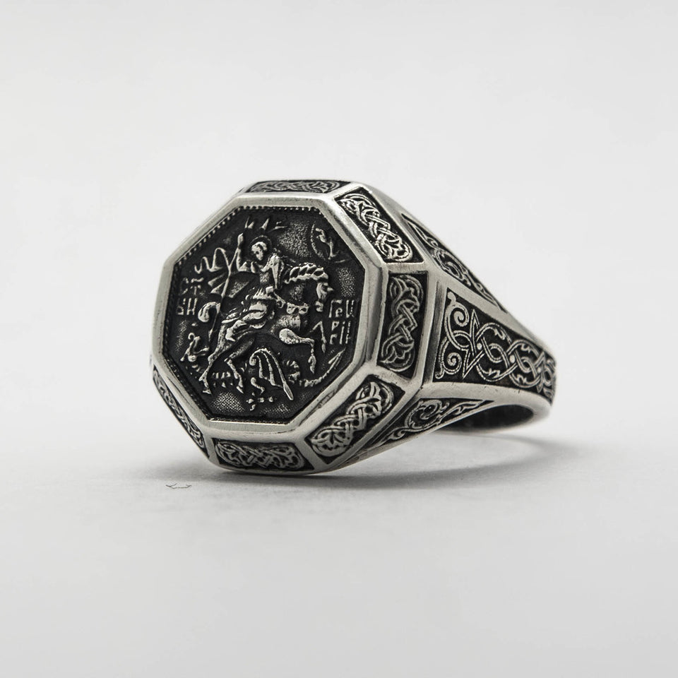 Sterling silver 925 men’s Ring “Saint George slaying the dragon” is handmade vintage religious jewelry with unique design, and amazing artwork. St. George ring is stamped 925 and it will suit with every men's style Check out other best handcrafted, sterling silver men's jewelry at silverslegends.com