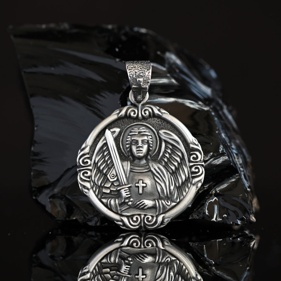 Silver Pendant Archangel Michael, Large miraculous medal, Sterling silver 925 Catholic charm, Protection necklace Handcrafted, perfect first fathers day gift, Trendy pendant Michael the Archangel, large pendant for men, solid fashion mens necklace