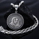"Saint Mary Mother of Jesus"  is sterling silver 925 handmade pendant necklace for men. Ave Maria Charm is with original unique design. Mother of Jesus pendant silver is perfect gift for him. Saint Mary pendant is rare piece of jewel with top quality. Silver Holy Maria pendant will suit with every men’s style. Madonna charm pendant symbolize Blessed Virgin Maria the Mother of God.