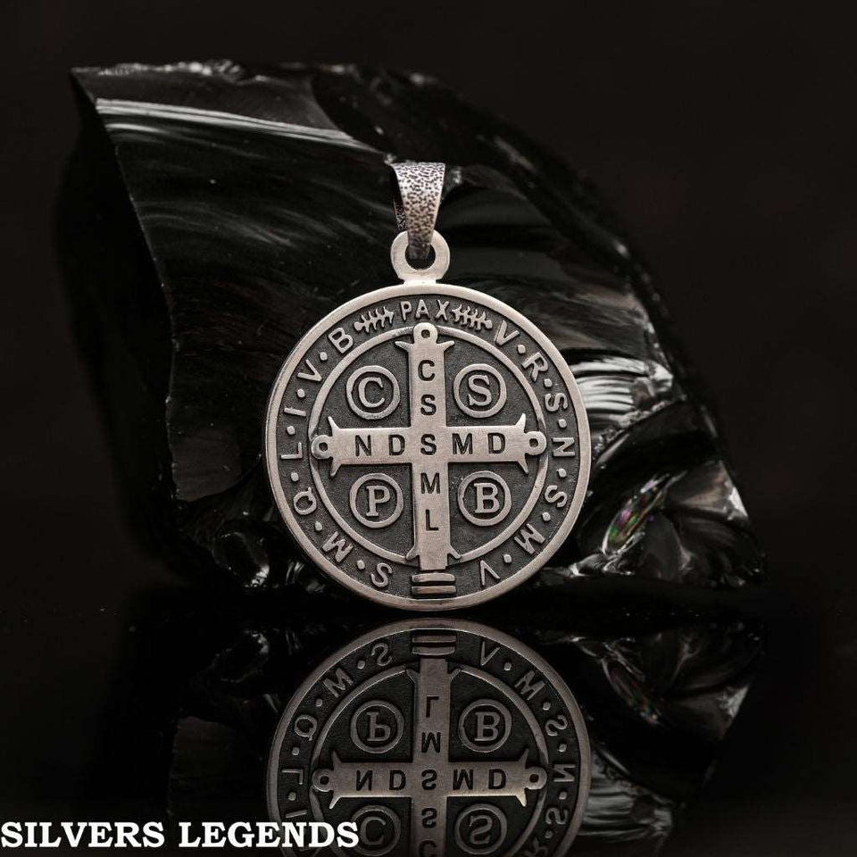 St Benedict patron prayer cross medal silver