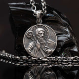 St Benedict medal Exorcism, St Benedict sacramental pendant necklace with oxidized rollo chain. St Benedict patron medal silver with prayer. Circle Catholic charm, St Benedict holding a wand and his rule for monasteries medallion