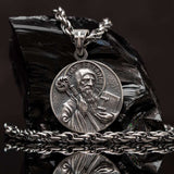 St Benedict medal Exorcism, St Benedict sacramental pendant necklace with oxidized rope chain. St Benedict patron medal silver with prayer. Circle Catholic charm, St Benedict holding a wand and his rule for monasteries medallion