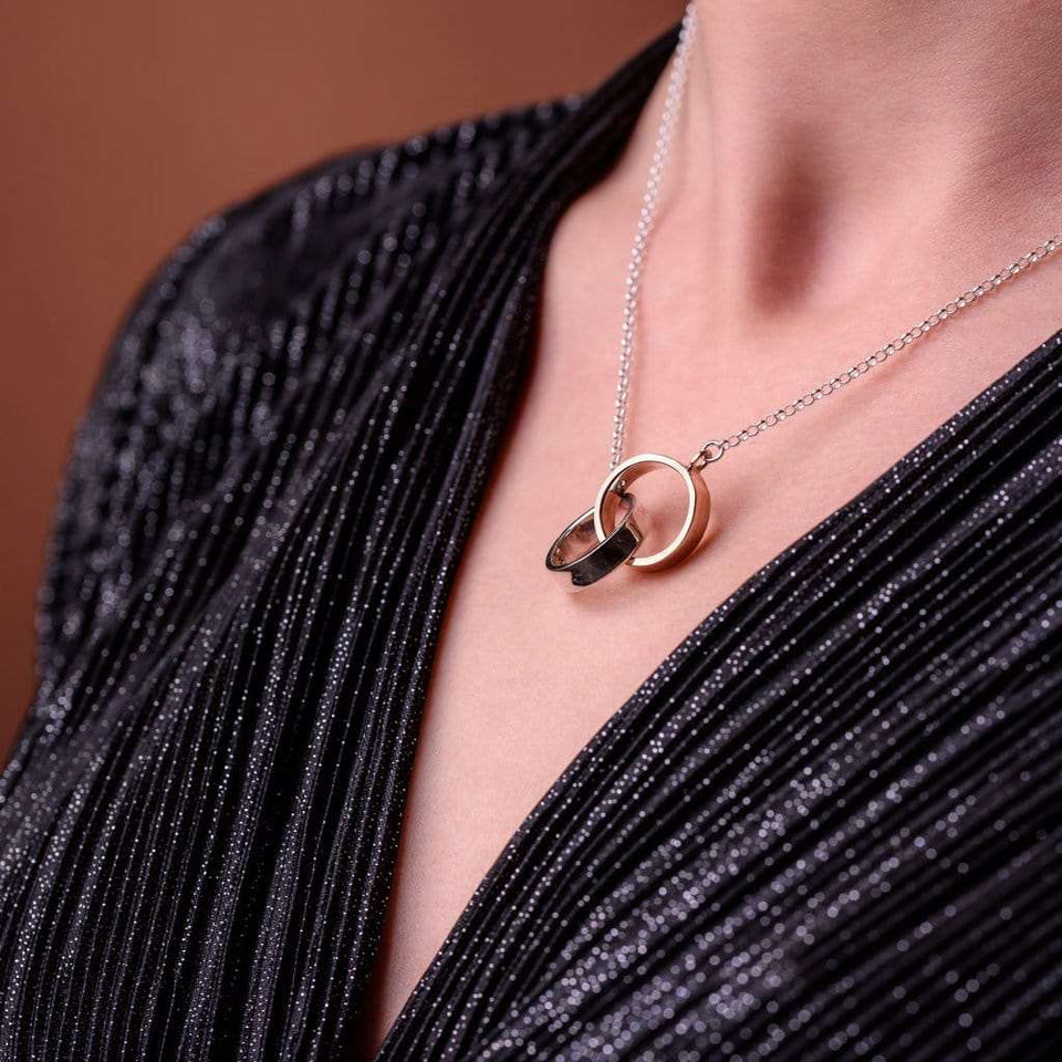 Sterling Silver Dianty Double Ring Pendant Necklace Mixed Metal  Gift For Her