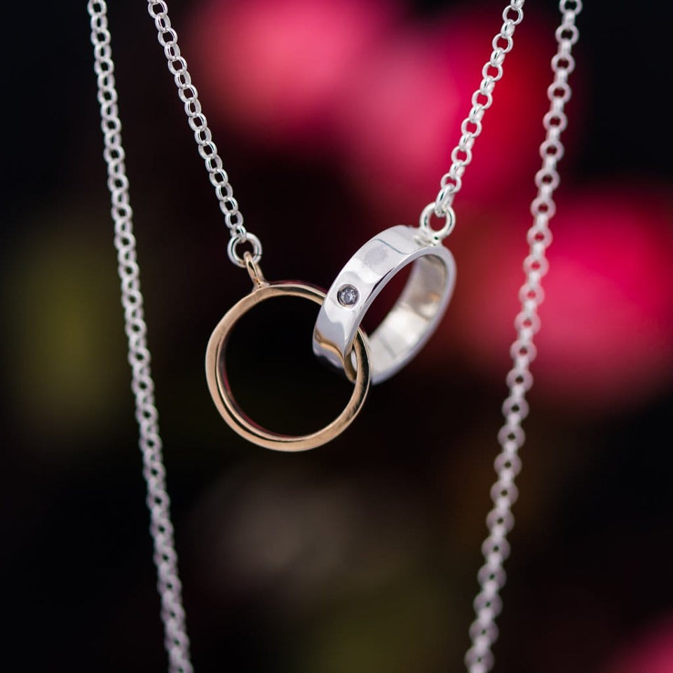 Sterling Silver Dianty Double Ring Pendant Necklace Mixed Metal  Gift For Her