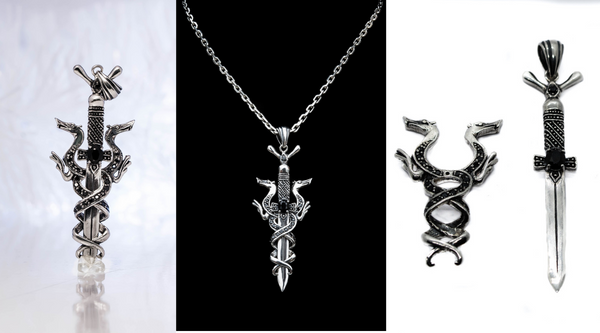 Dragons Pendant, Sword Pendant With Armor Intertwined Dragons, Dragon Silver Necklace With Black Onyx Stones, Celtic Pendant Shape Of Sword, Necklace with dragons, Silver Pendant with black onyx.