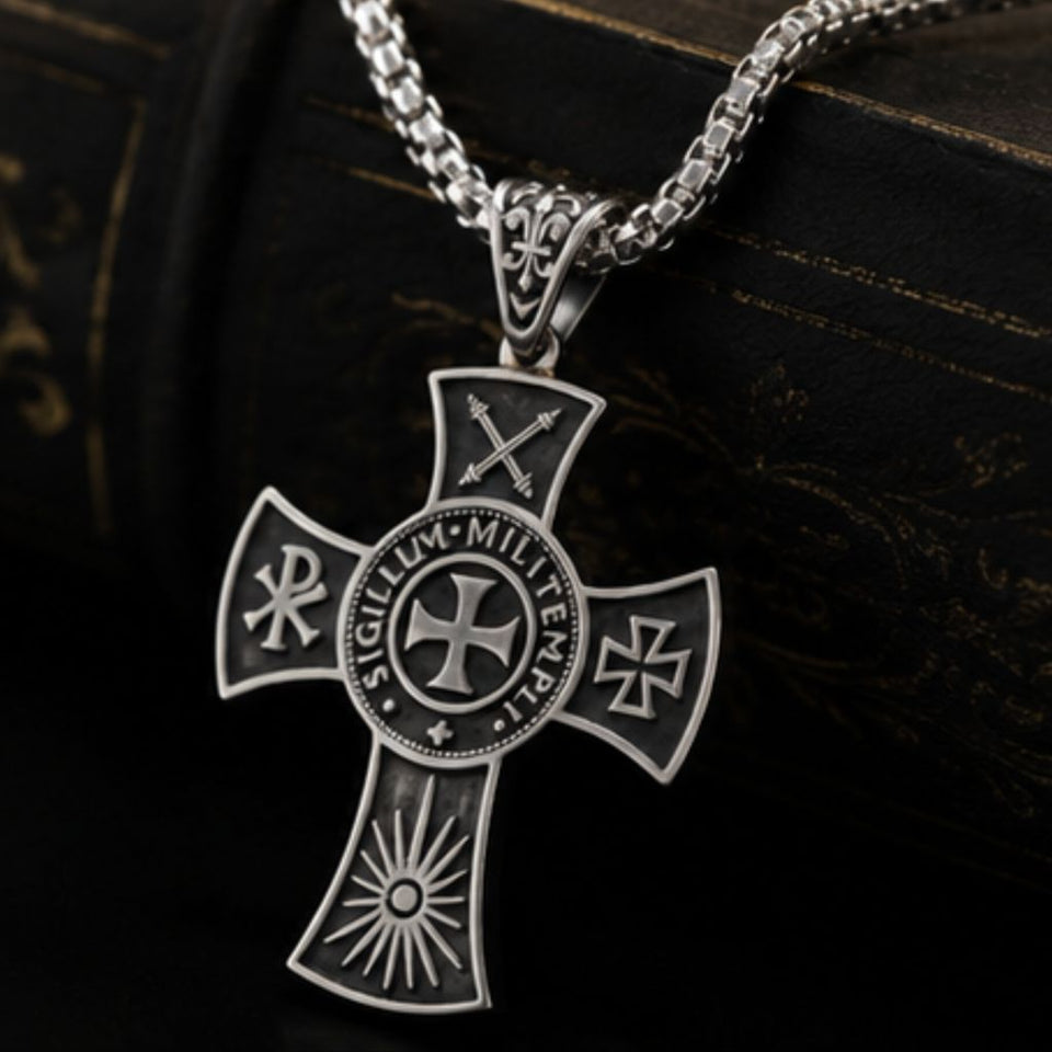 A 925 sterling silver cross pendant necklace with religious Templar symbols and an inscription, hanging from a matching chain against a dark textured background.