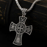 A 925 sterling silver cross pendant necklace with religious Templar symbols and an inscription, hanging from a matching chain against a dark textured background.