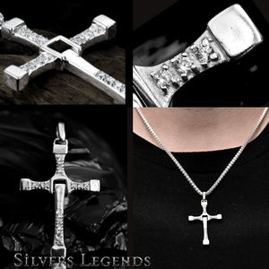 925 sterling silver cross necklace for men with cubic zirconia stones, breakaway arm design, paired with polished silver box chain in 22 or 24 inch length, modern men's religious jewelry set