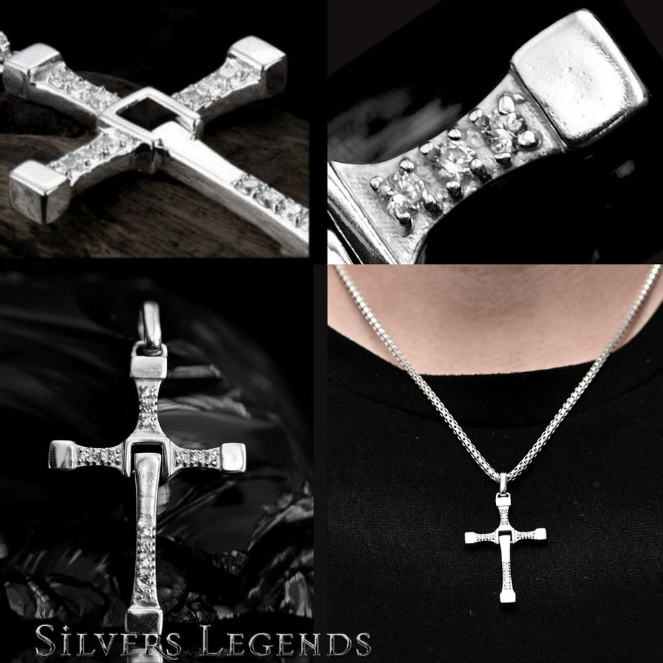 925 sterling silver cross necklace for men with cubic zirconia stones, breakaway arm design, paired with polished silver box chain in 22 or 24 inch length, modern men's religious jewelry set