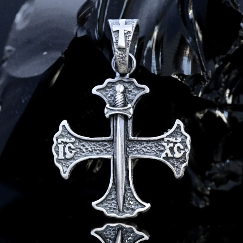 Elegant Templar Cross and Sword Jewelry in Sterling Silver, Sterling Silver 925 Templar Cross Pendant with Intricate Templar Sword Design - Religious Silver Necklace.