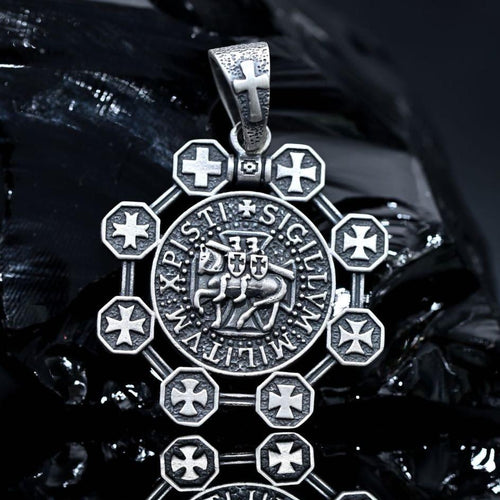 Elegant sterling silver 925 Templar pendant featuring all Templar crosses and Knights Templar on horseback, designed for those who appreciate medieval history and religious symbols in fine jewelry.